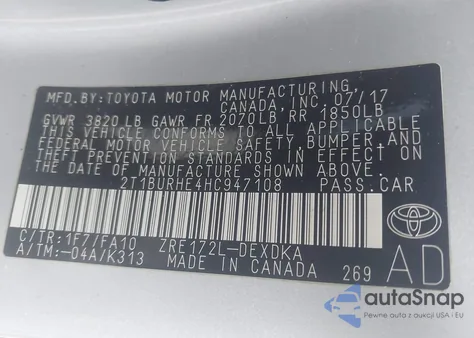 2017 Toyota Corolla L из США, поврежденный, VIN 2T1BURHE4HC947108